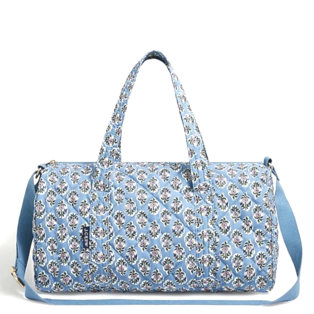 J. Crew Quilted Blue Floral Weekender Overnight Travel Bag Blue Floral NWT